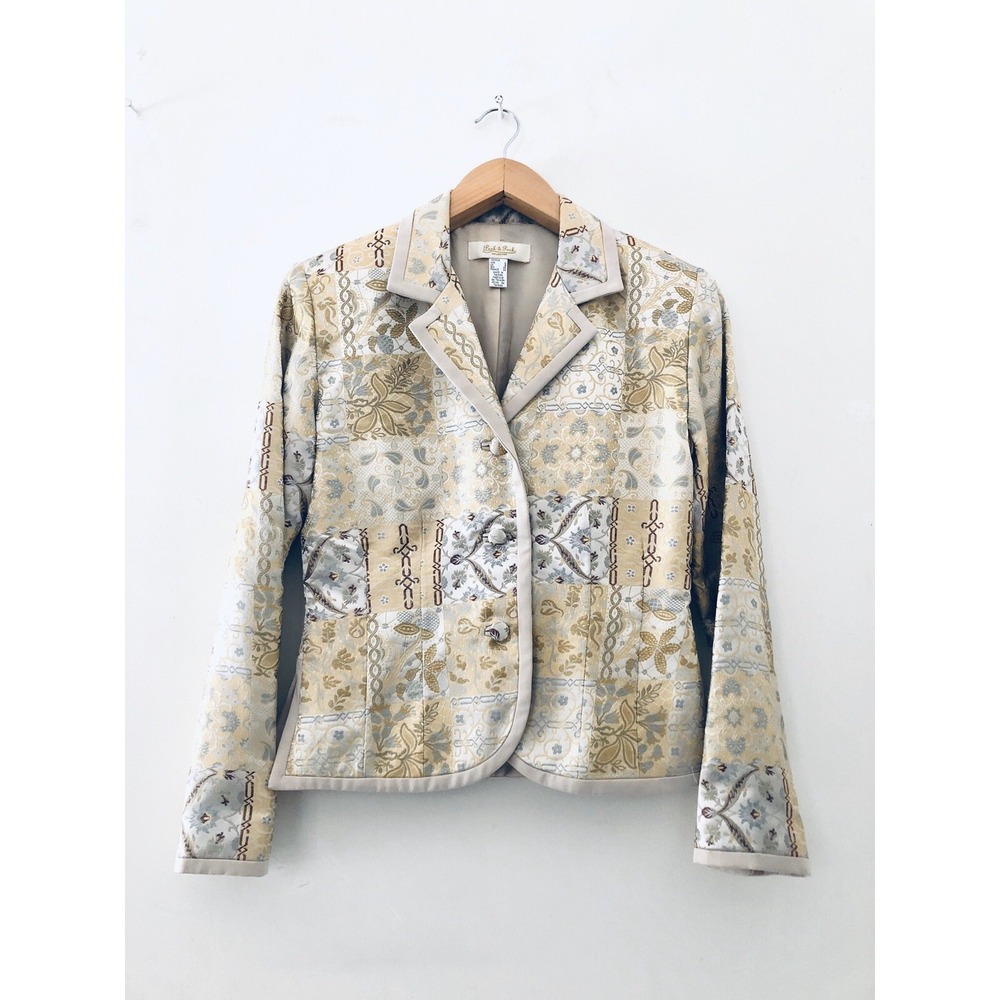Peck & Peck Fancy Jacket Top Print Patchwork Gold Embellished Button Front Sz 4